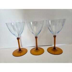 Vintage Blue Glass Martini Cocktail Stemware Set Of 3 Amber Base